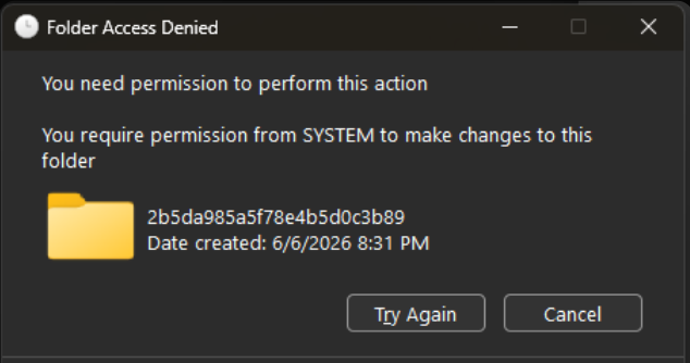 Folder Access Denied: You require permission from SYSTEM to make changes to this folder